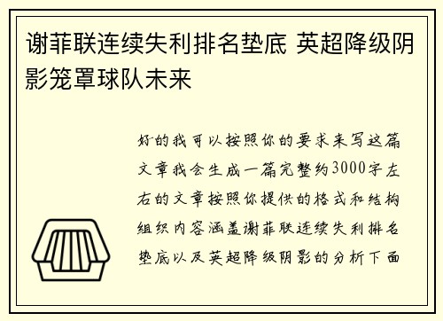 谢菲联连续失利排名垫底 英超降级阴影笼罩球队未来