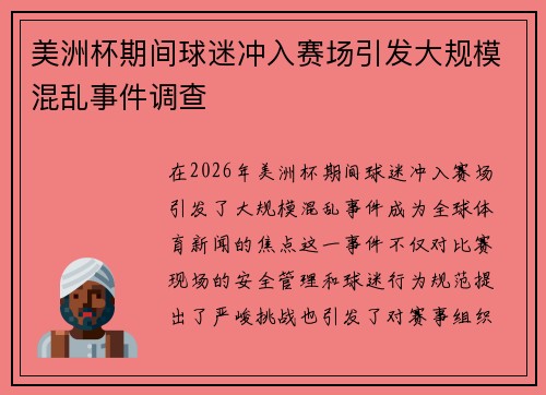 美洲杯期间球迷冲入赛场引发大规模混乱事件调查