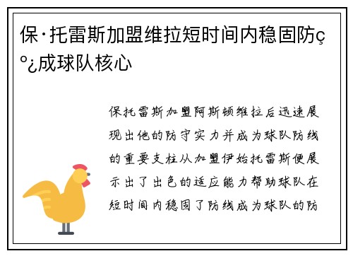 保·托雷斯加盟维拉短时间内稳固防线成球队核心