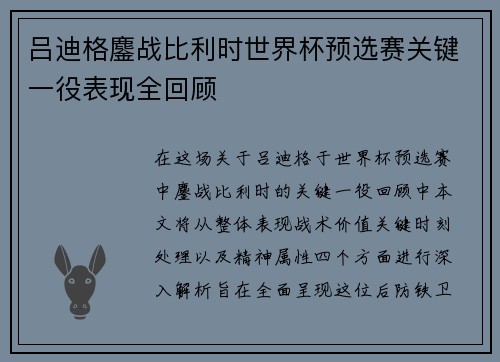 吕迪格鏖战比利时世界杯预选赛关键一役表现全回顾